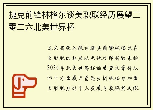 捷克前锋林格尔谈美职联经历展望二零二六北美世界杯